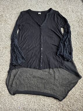 A.moon Black Goth Whimsigoth Lightweight Shirt With Crochet Lace Sleeves